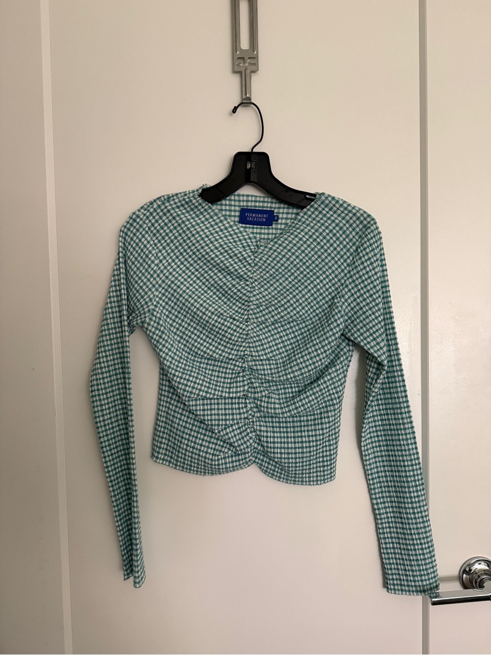 Privacy Please Teal Gingham Ruched Long Sleeve Top